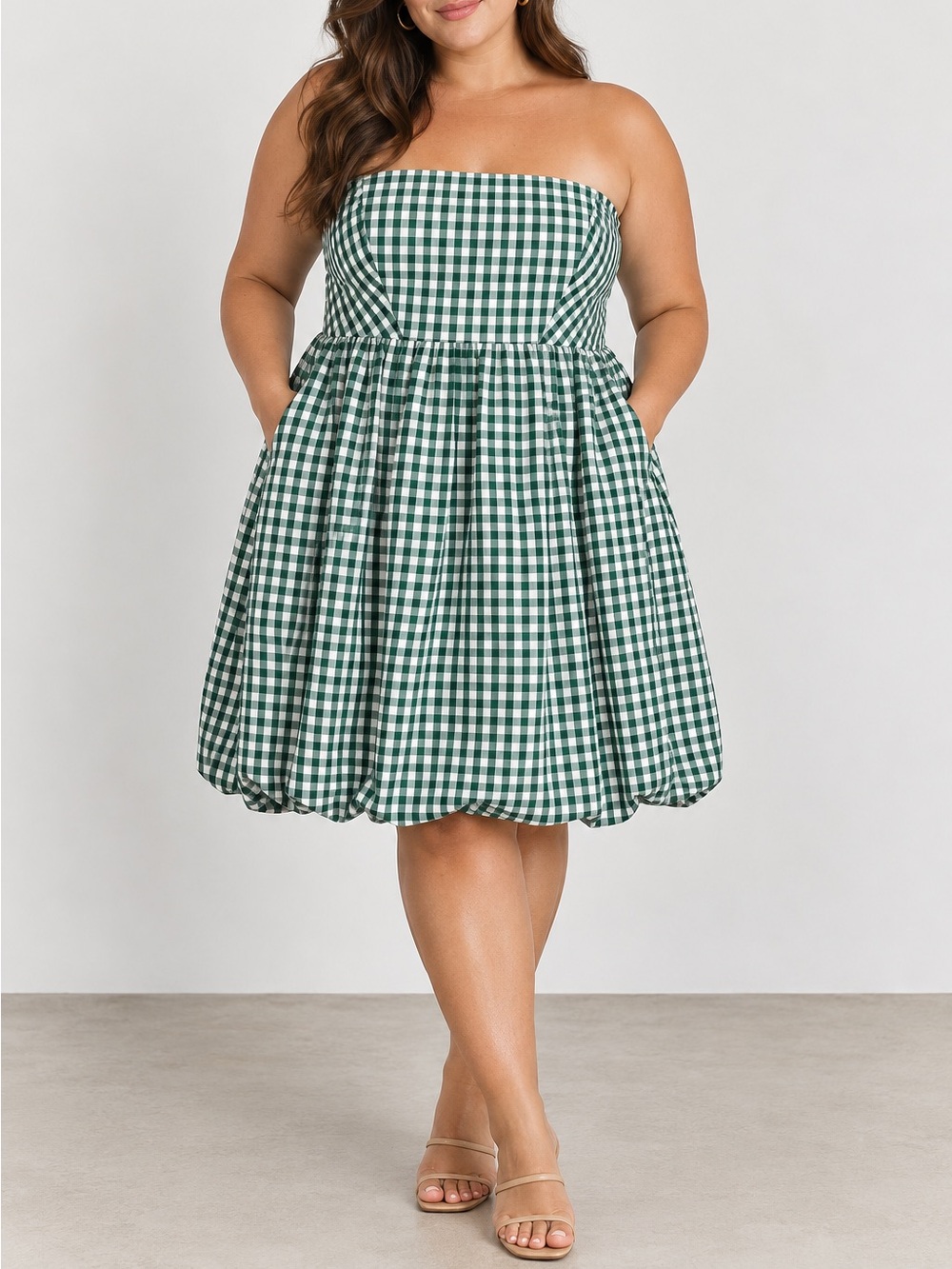J.Crew Green White Gingham Strapless Bubble Hem Tea Length Dress